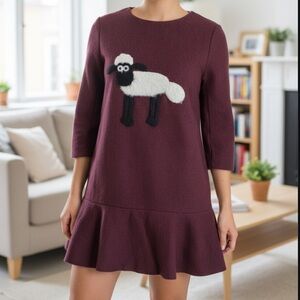Broadcast Wool Blend Sheep Dress Ruffle Hem Burgundy Size L